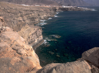 Gran Canaria, steep eroded coast line of Agaete municipality, path to Playa del Juncal beach 