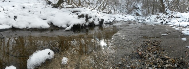 small river in the forest in the winter season