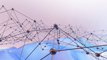 surface of vertices and faces and a similar smooth surface. Abstract technological background, 3D render.