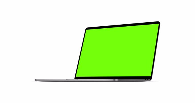 Modern laptop mockup with blank green screen, side view, isolated on white background. 4K animation with camera track motion