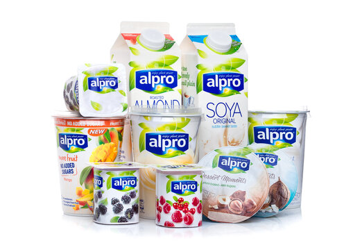 LONDON, UK - JANUARY 10, 2018: Alpro Soya Milk And Yogurt Products On White