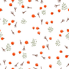 seamless pattern with red berries and bird footprints on a white background