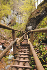 Wooden ladder in the Barenschutzklamm area in Styria, Austria. Beautiful waterfalls in the southeast of Austria connect such wooden ladders. The way up through the abyss