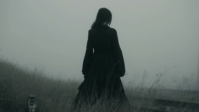 Horror scene of a mysterious scary woman in black dress into deep fog