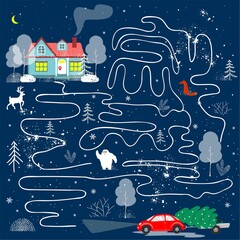 Red car with Christmas tree. Educational game for children. A fun maze for young children. Cartoon vector illustration.