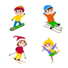 Happy kids skiing, sledding, skating and snowboarding. Winter sport activity. Cartoon vector illustration isolated on white background