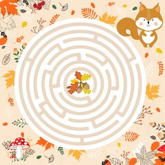 Small squirrel in the autumn forest. Educational game for children. A fun maze for young children. Cartoon vector illustration.