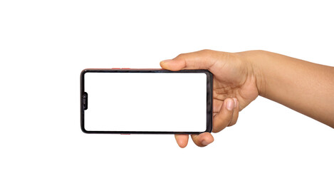 The hand is holding the white screen, the mobile phone is isolated on a white background.