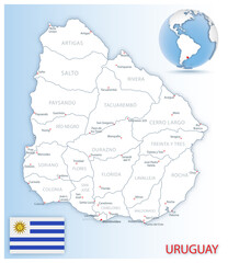 Detailed Uruguay administrative map with country flag and location on a blue globe.