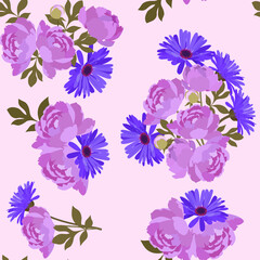 Seamless pattern with peonies, and gerbera on light background.Vector illustration.