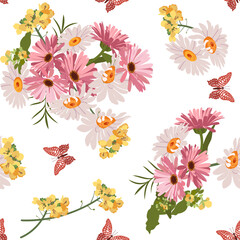 Fototapeta na wymiar Vector seamless colorful illustration with butterfly and chamomile on white background.