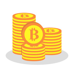 Flat icon isolated on white. Online paying pictogram. Crypto currency, virtual electronic, internet money. Stack of bitcoin gold coins with coin in front of it.Creative blockchain technology banner 