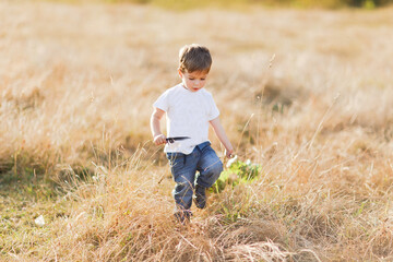 Family with children walking outdoors in summer field at sunset. Little boy walking in the field outdoors. People, family day and lifestyle concept