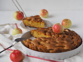 Homemade apple pie or biscuit on a white plate.