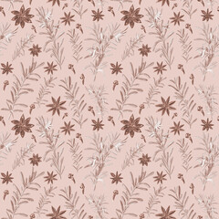 Spicy seamless pattern with rosemary branches, anise stars and cloves. Harmonic design for kitchen textile and accessories and for Autumn and Winter. Watercolor toned illustration on cocoa background.