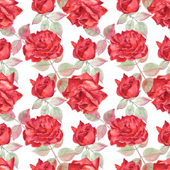 Seamless pattern with crimson passionate roses. Watercolor fine illustration. Design for any season and holiday. Bright, romantic and classic. 