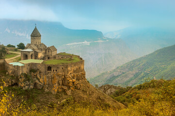 View over Tatev Armenian Apostolic Monastery surrounded by mountains, Syunik Province, Armenia