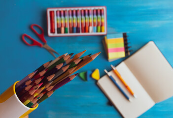 Back to school, student school supplies on wooden table.