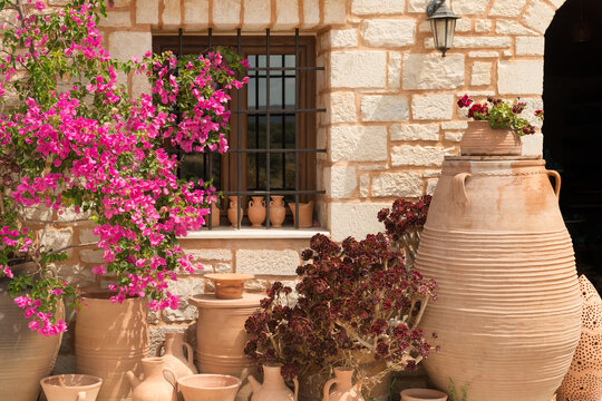 Display of traditional pottery in the colorful village of Margarites, famous for its handmade ceramic, Crete, Greece