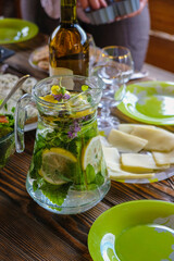 Lunch outdoors. Part of the table. Vertical image.