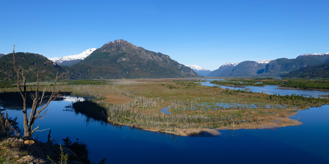 Castillo mountain range and Ibanez river wide valley viewed from the Pan-American Highway, Aysen Region, Patagonia, Chile