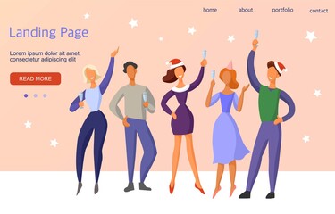 Template for a landing page. Corporate in office. The team celebrates Christmas and New Year.