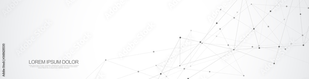 Fototapete Website header or banner design with abstract geometric background and connecting dots and lines. Global network connection. Digital technology with plexus background and space for your text.