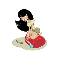 Girl sitting on a suitcase. Stress or panic emotion. Illustration.