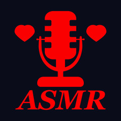 Obraz premium ASMR microphone and red heart on a blue background, vector