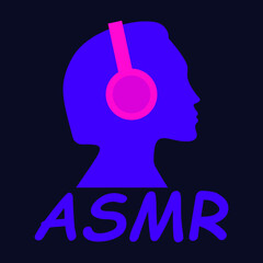 ASMR girl in purple headphones on a blue background, vector