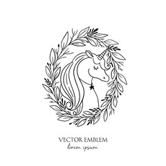 Magical Unicorn in wreath. Black and white illustration