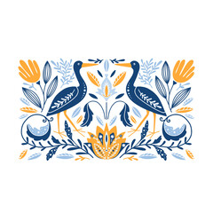 Folk art ornament with herons and flowers, Scandinavian design