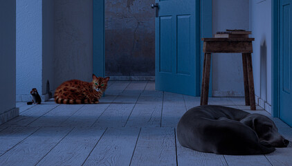 Cat hunting mouse in front of the den, 3d illustration, 3d rendering