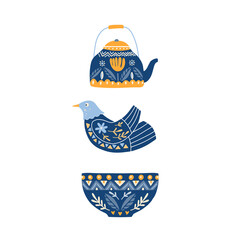 Illustration with bird, teacup and teapot. Folk art ornament