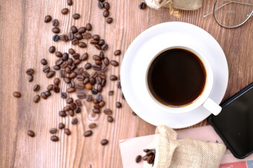 coffee beans on table background, space for text
