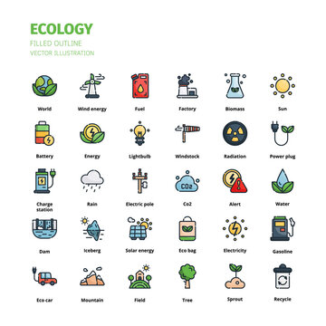 Ecology concept icon set. Ecology filled outline icon set. Icon for website, application, print, poster design, etc.