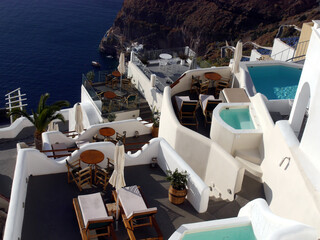 Views of the historical part of Fira, Santorini island Greece. Panoramic views of the mountains, sea and nature.