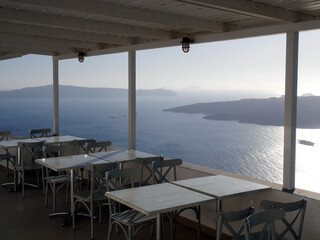 Views of the historical part of Fira, Santorini island Greece. Panoramic views of the mountains, sea and nature.