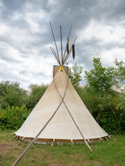 Back of a single Indian tipi stands in a meadow between trees and shrubs © janny2