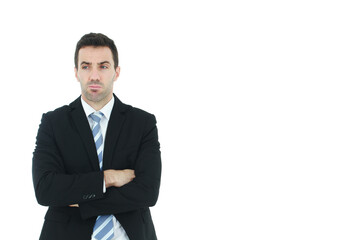 Successful and handsome businessman in a suit serious and hard thinking in working isolated on white background. Copy space