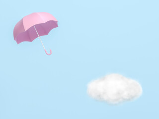 Pink umbrella with rain cloud on sky pastel blue background 3d rendering. 3d illustration Rainy Season greeting card template minimal concept.