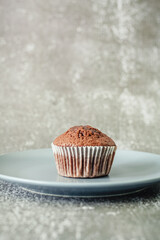 One chocolate muffin on a gray plate. Minimalism.