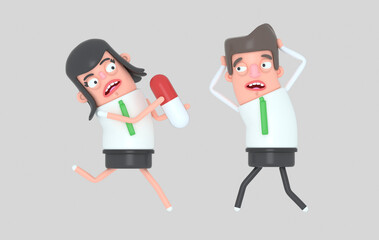 Woman giving a big pill to partner.3d illustration. Isolate.