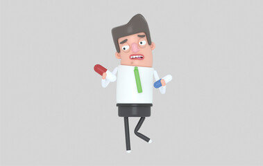 Worried Man holding two pills.3d illustration. Isolate.