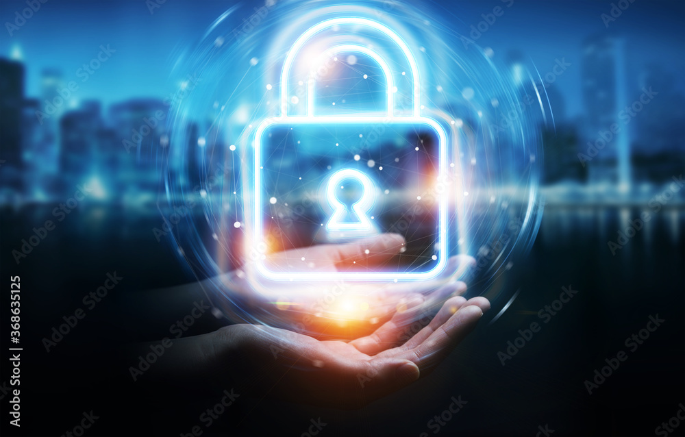 Aufkleber man hand using digital web protection blue holographic interface 3d rendering