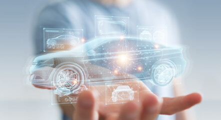 Man holding and touching holographic smart car interface projection 3D rendering