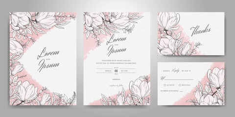 Fototapeta na wymiar Beautiful Wedding Invitation Card Template Set with Hand Drawn Floral and Watercolor Splash Background