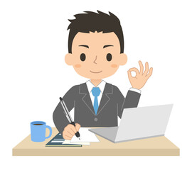 パソコンを使ってデスクワークをする男性会社員　テレワーク　イラスト