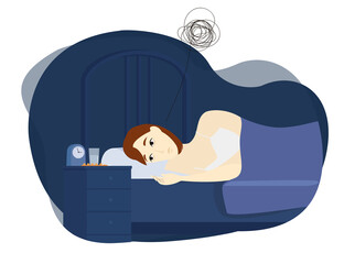 Young woman can't sleep at night. Disorder, insomnia, sick, depression, sleeping pills. Concept. Vector illustration. Isolated.