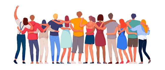 Happy people. Diverse multi-ethnic people character group hugging standing together back view. National cohesion, solidarity and unity illustration. International friendship communication vector - obrazy, fototapety, plakaty